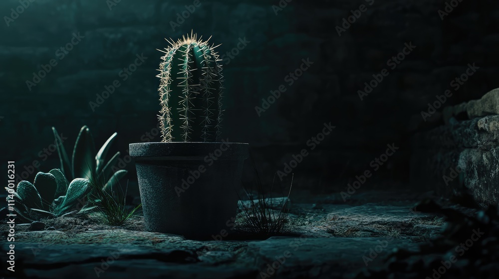 Poster cactus in a pot illuminated in a dark room highlighting its texture and surrounding foliage for dram