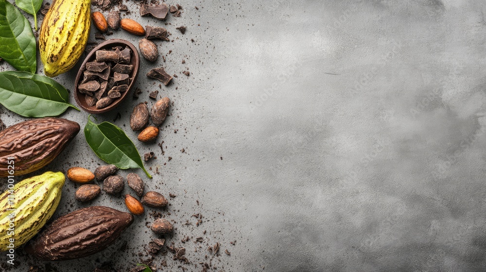 Poster cacao beans and nibs arranged on a textured background with cocoa pods and cocoa leaves for a natura