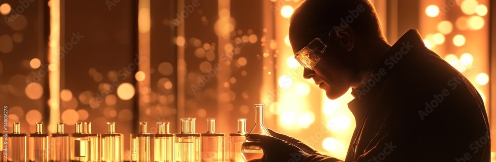 Poster a scientist examines test tubes in a glowing laboratory setting.