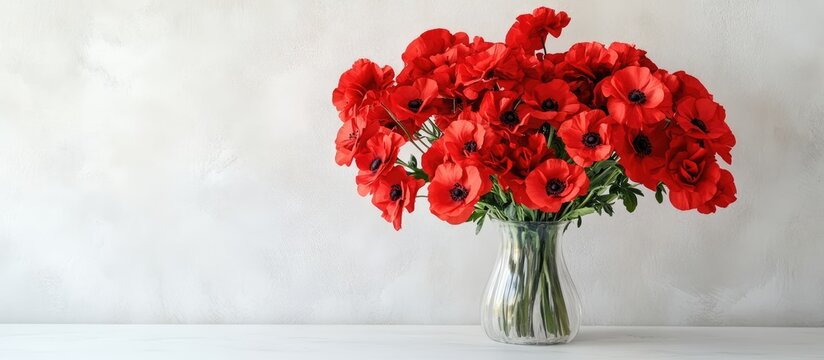 Vibrant bouquet of red flowers in a clear vase against a minimalist white background showcasing elegance and natural beauty.