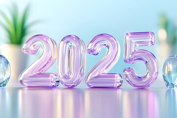 3D purple text 2025 in the style of fluid organic shapes, with rounded edges, blur background