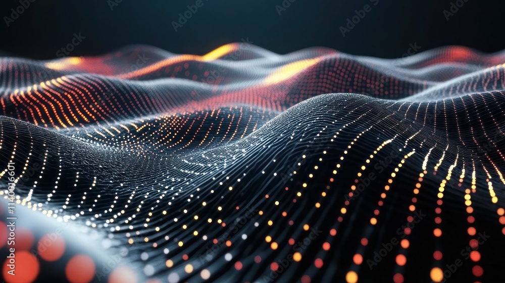 Poster Abstract digital waves with glowing particles create a dynamic visual representation.