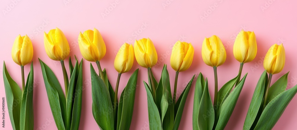 Poster yellow tulip bouquet arranged on pastel pink background top view with ample copyspace for text and d