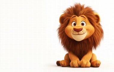 A cute cartoon lion sitting with a relaxed pose, large expressive eyes, a fluffy stylized mane, and a gentle smile on a bright white background