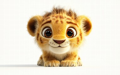 Fototapeta premium A cute lion cub with a curious expression, big round eyes, and soft textures, designed in a lively cartoon style on a bright white background