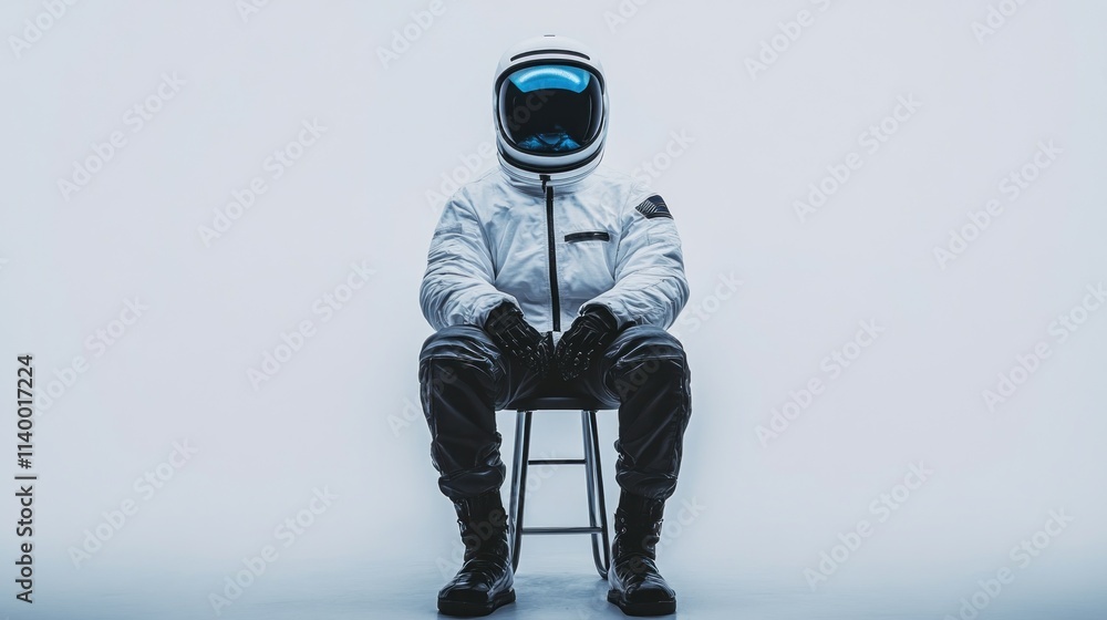 Aufkleber a figure in a futuristic spacesuit seated on a stool against a minimalistic background.