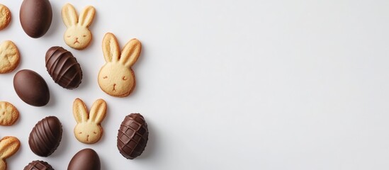 Easter themed cookies and chocolates in various shapes on a light background perfect for seasonal celebrations and festive decor