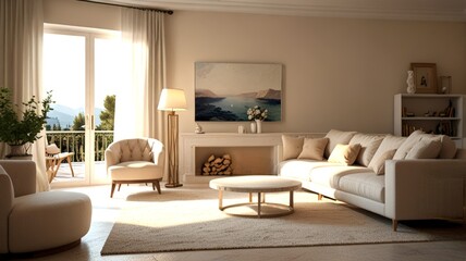 Fototapeta premium A bright and airy living room features a soft beige sofa paired with a circular coffee table, large windows showcasing a scenic view, and elegant decor for a relaxed vibe.