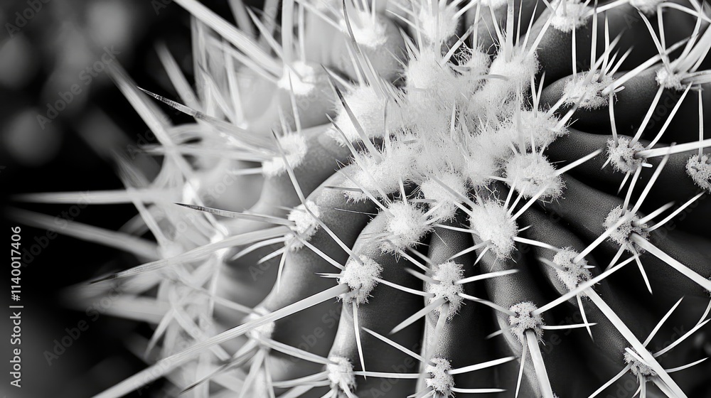 Poster close-up of cactus spines showcasing intricate patterns and textures in monochrome black and white p