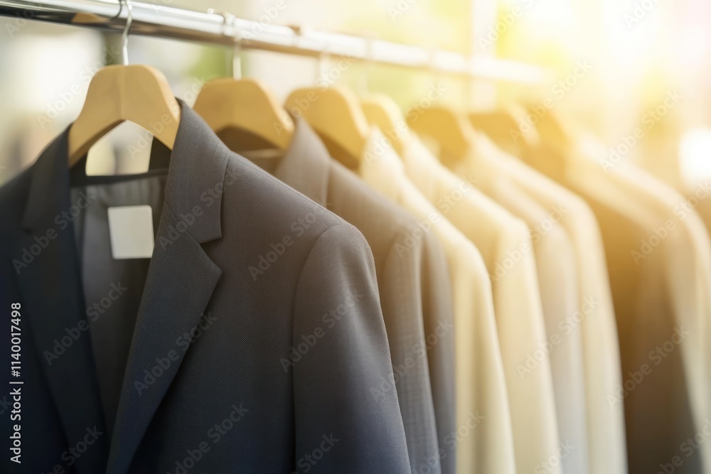 Poster a row of tailored suits hanging on a rack, illuminated by soft sunlight.