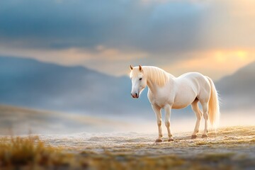 Obraz premium A majestic horse stands majestically in the misty mountains of Iceland, its mane flowing gently with each breath