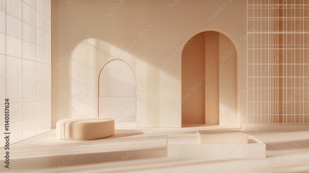 Poster a minimalist interior space featuring soft shapes and warm tones, emphasizing light and design.