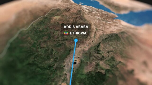 Professional 3D animated map showcasing a flight route from Nairobi to Addis Ababa. Perfect for travel videos, tourism content, and corporate presentations.