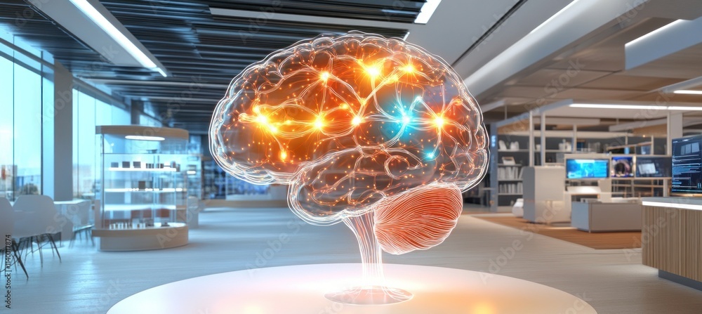 Poster artificial intelligence brain glowing and connecting in modern office setting