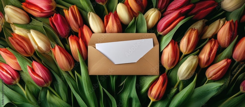 Poster colorful tulips arranged around a brown envelope with a blank card creating a vibrant and inviting s
