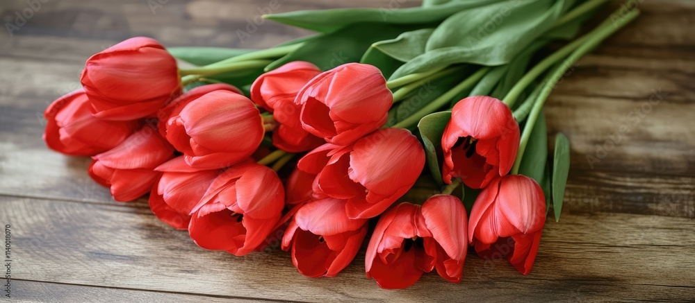 Poster fresh red tulips on rustic wooden backdrop with blank greeting card space for personalized messages 