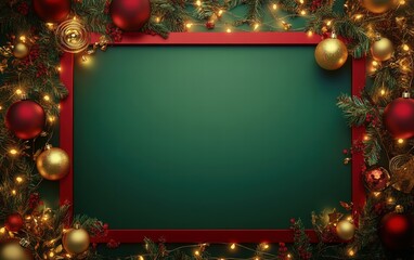 A festive billboard with a glossy red frame, gold ornaments, and glowing fairy lights on a deep green background