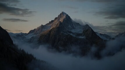 Obraz premium A majestic mountain peak rises above a sea of clouds, with a dusting of snow on its slopes.