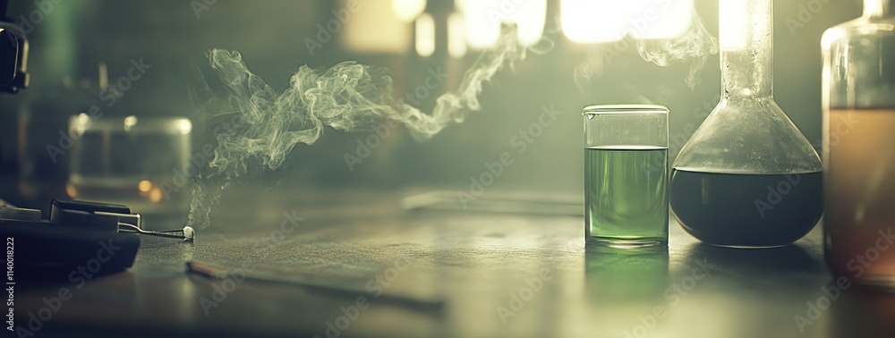 Poster a laboratory scene featuring various glassware with colorful liquids and smoke.