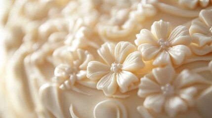 Elegant floral cake decoration closeup showcasing intricate icing designs and delicate buttercream blossoms on a creamy surface.