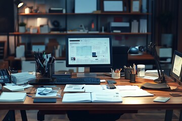 Creative workspace with financial documents and digital tools for data analysis 