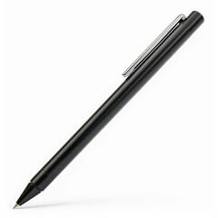 Black ballpoint pen casting a shadow on a white background, ready for writing