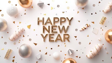 Happy New Year Elegant New Year Celebration with Gold and White Balloons, Geometric Decorations, and Festive Blown Horns on a White Background