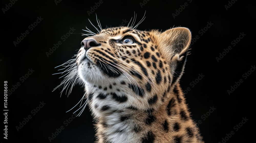 Poster a close-up of a leopard gazing upward against a dark background.