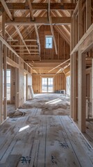 Fototapeta premium Interior photo of an unfinished room in a building under construction. Wooden beams, unfinished floor, debris, ample natural light. Incomplete state signifies potential in construction phase.