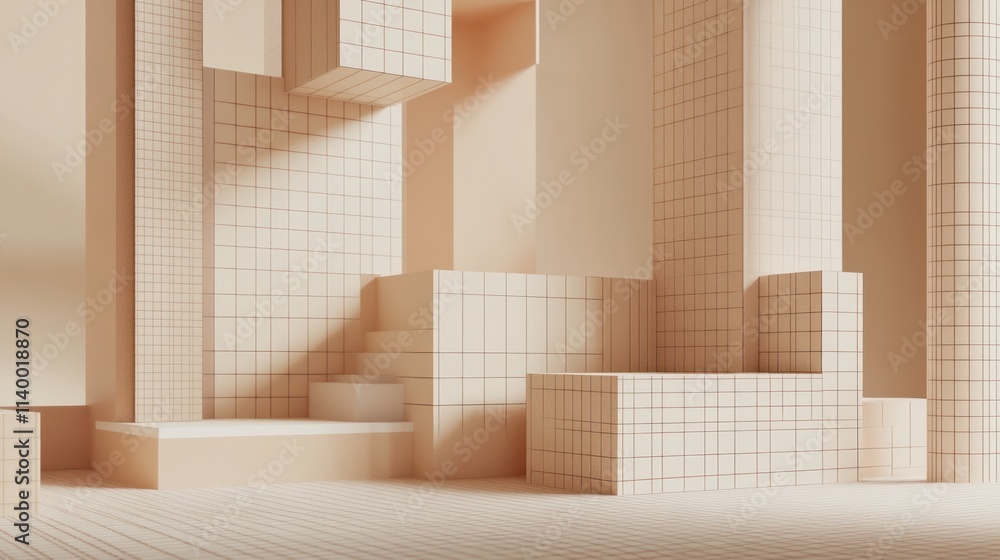 Poster A minimalist architectural space with grid patterns and soft peach tones.