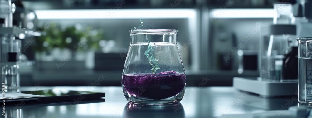 Poster a laboratory scene featuring a glass container with purple liquid and swirling particles.