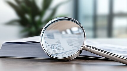 Detailed financial graphs and charts are examined closely with a magnifying glass to uncover data trends in a professional environment