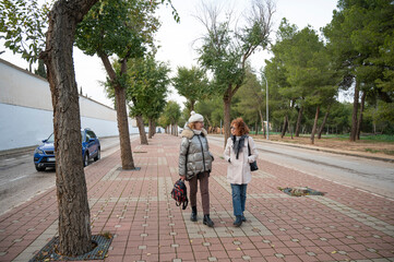 Two older women walking and talking on a tree-lined sidewalk during a cold winter day