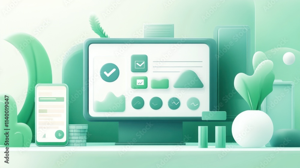 Poster A digital workspace featuring a computer and smartphone with data visualizations and plants.