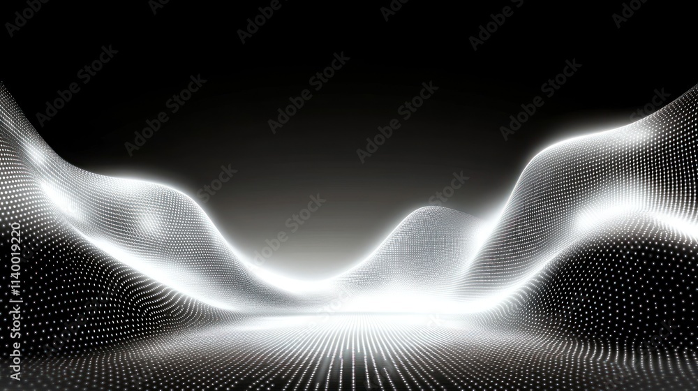 Poster abstract digital landscape with flowing lines and glowing dots against a dark background.