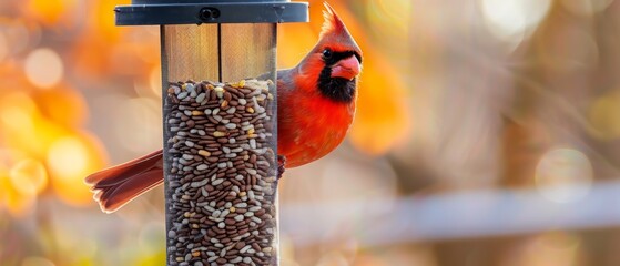 A male Northern Cardinal perched on a bird feeder filled with seeds in an autumnal setting with colorful leaves; creating a cozy vibe.