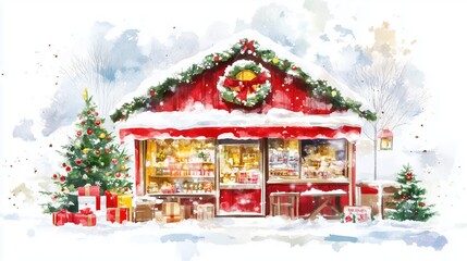 Showcase Gift Shop with Christmas symbols - greeting card, banner or poster for sales and other Christmas and New Year events.