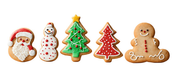 Fototapeta premium Collection of different Christmas cookies isolated on white background. New year and xmas ideas. 