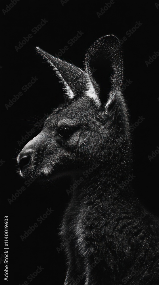Poster a monochrome profile of a kangaroo against a dark background, highlighting its features.