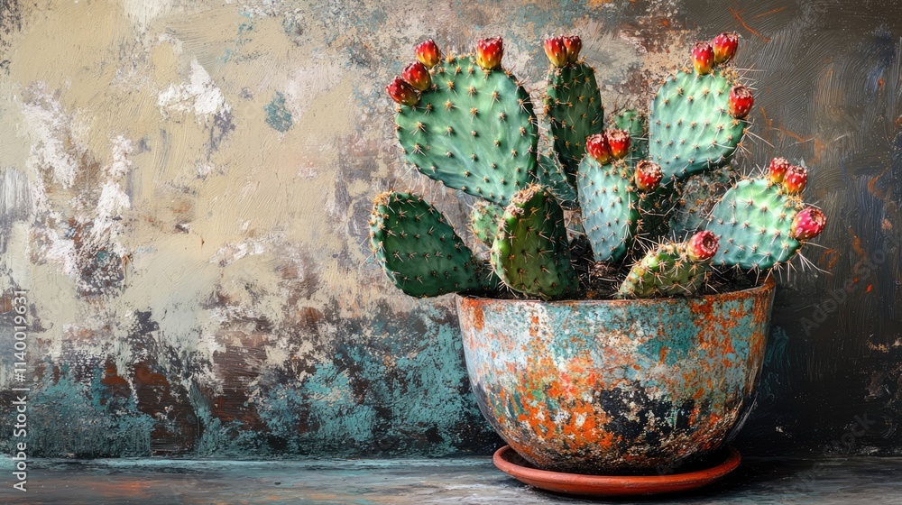 Poster cactus in rustic pot against textured background with vibrant colors and ample copy space for creati