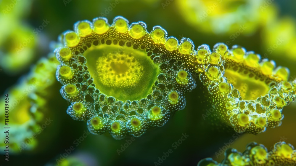 Aufkleber close-up of vibrant green cactus structure with intricate details and droplets highlighting natural 