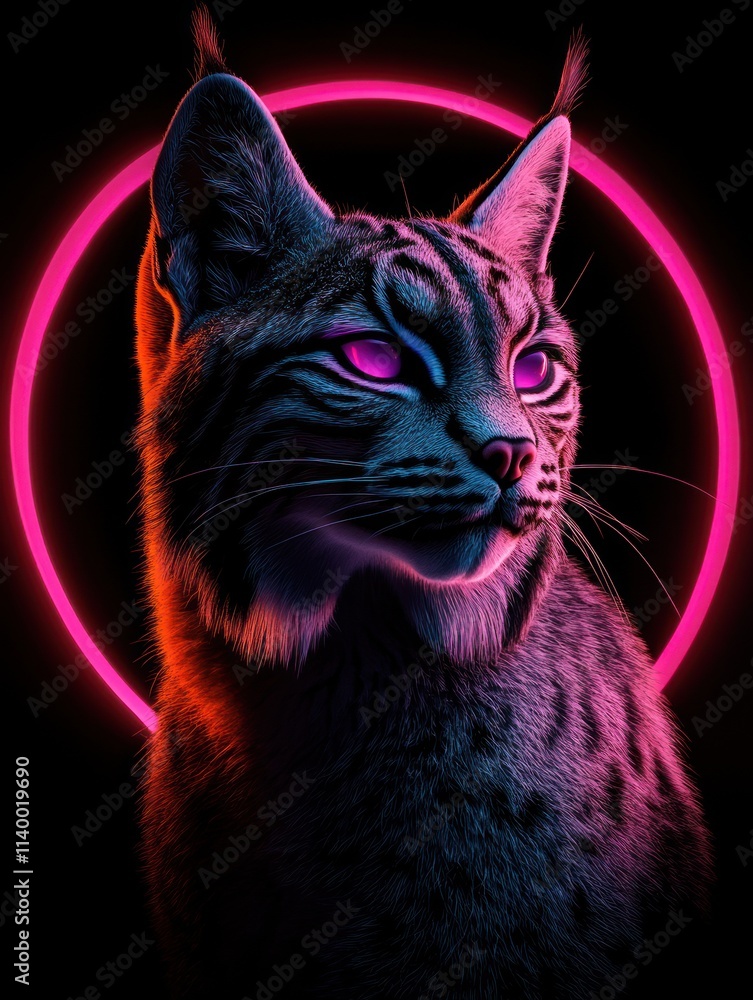 Poster a stylized depiction of a bobcat with neon colors and a glowing halo effect.