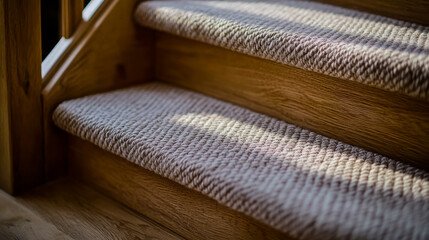 Wooden stair carpet, elegantly placed on a staircase, showcasing the natural beauty of the wooden steps while adding comfort and warmth.