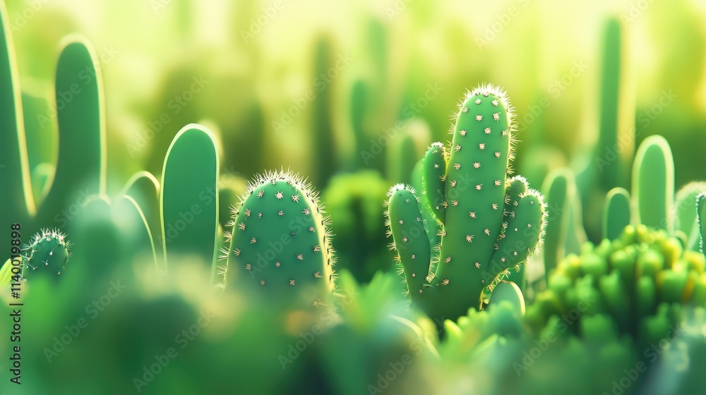 Poster vibrant close-up of green cactus plants creating a serene and natural background with a soft focus i