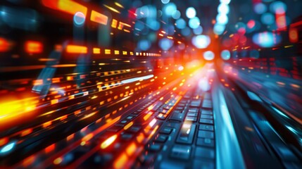 Digital image: laptop keyboard in motion with bright streaks of orange and blue lights, evoking speed and technology in a dynamic urban setting.