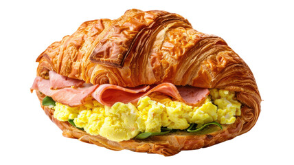 Delicious croissant sandwich filled with eggs and ham for breakfast