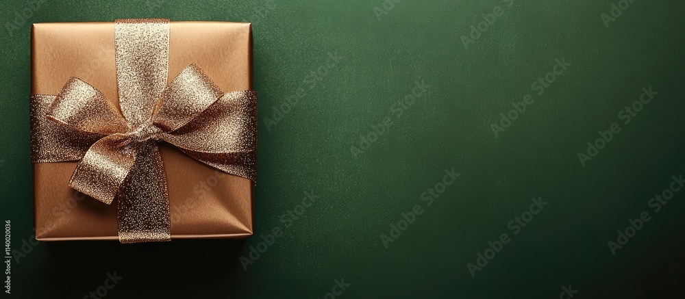 Poster elegant brown gift box with gold ribbon on green background featuring ample negative space for text 