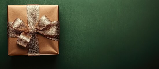 Elegant brown gift box with gold ribbon on green background featuring ample negative space for text and design elements.