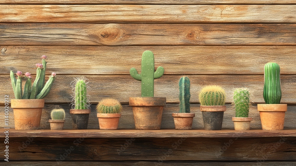Poster cacti arranged in rustic flowerpots on a wooden shelf with a warm background atmosphere for home dec