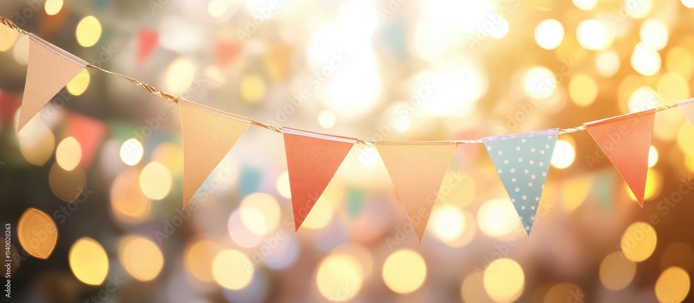 Poster bunting party flags in blurred bokeh light backdrop ideal for festive celebrations and holiday-theme